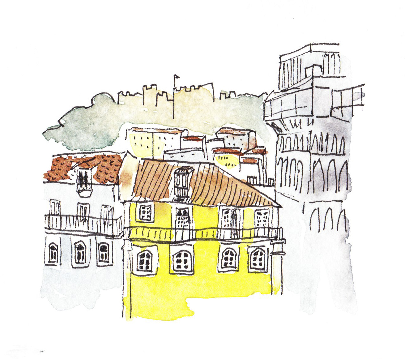 Watercolor Painting of the view over Santa Justa Lift and Lisbon Castle