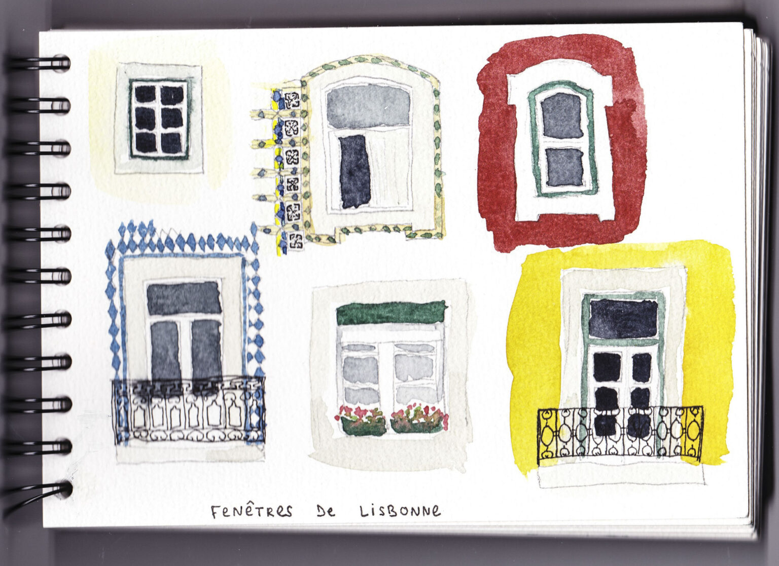 Several windows of Lisbon painted in watercolor