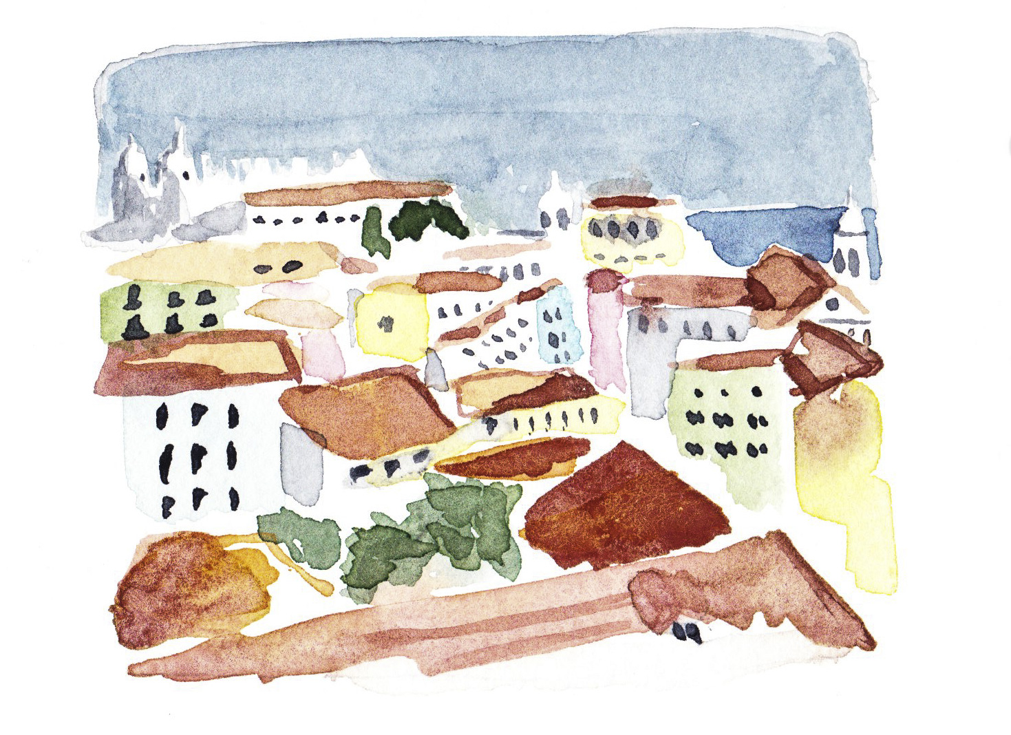 Watercolor painting of the view from Miradouro Das Portas Do Sol