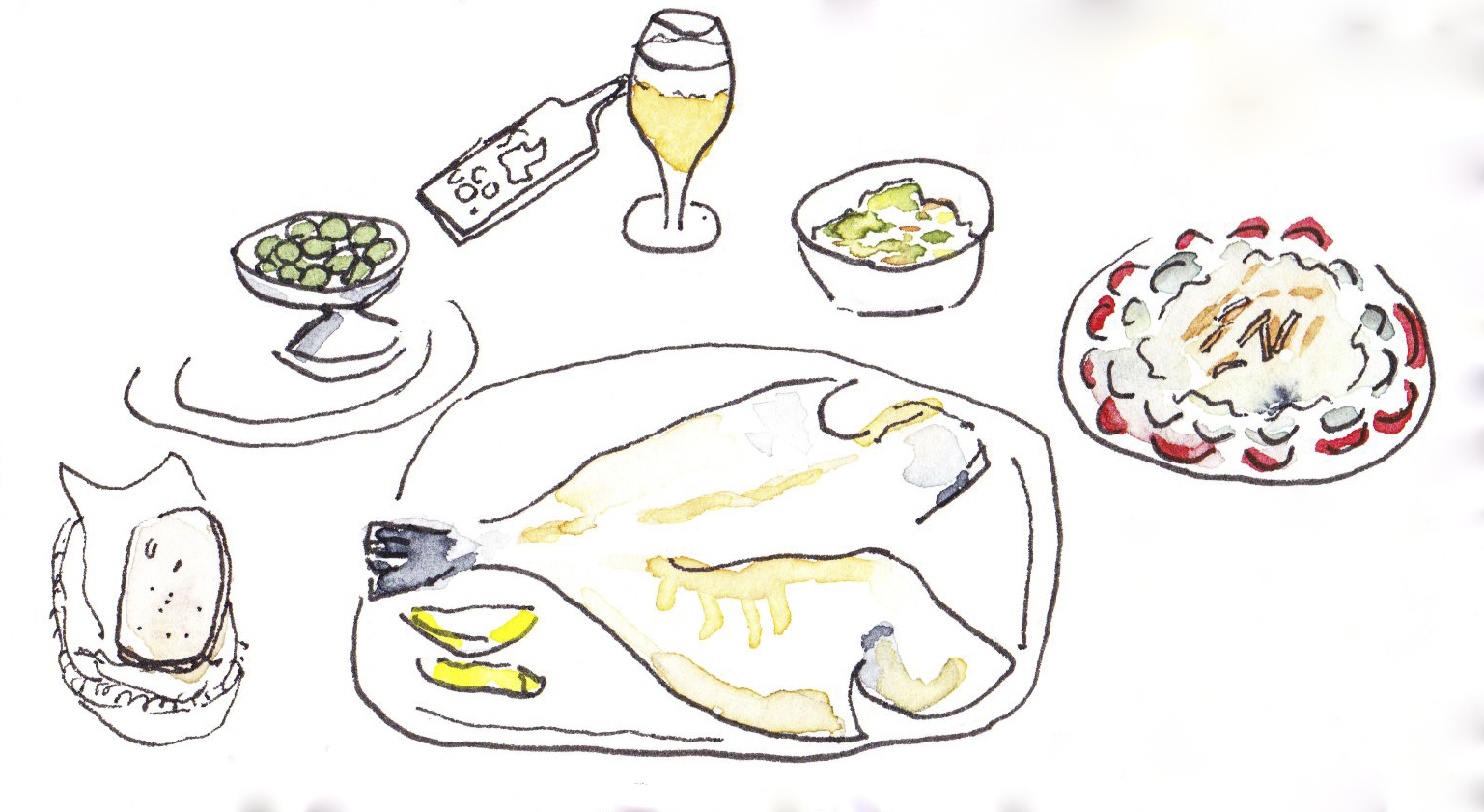Watercolor painting of the meal at Tasquinha do Chefe Laçarote