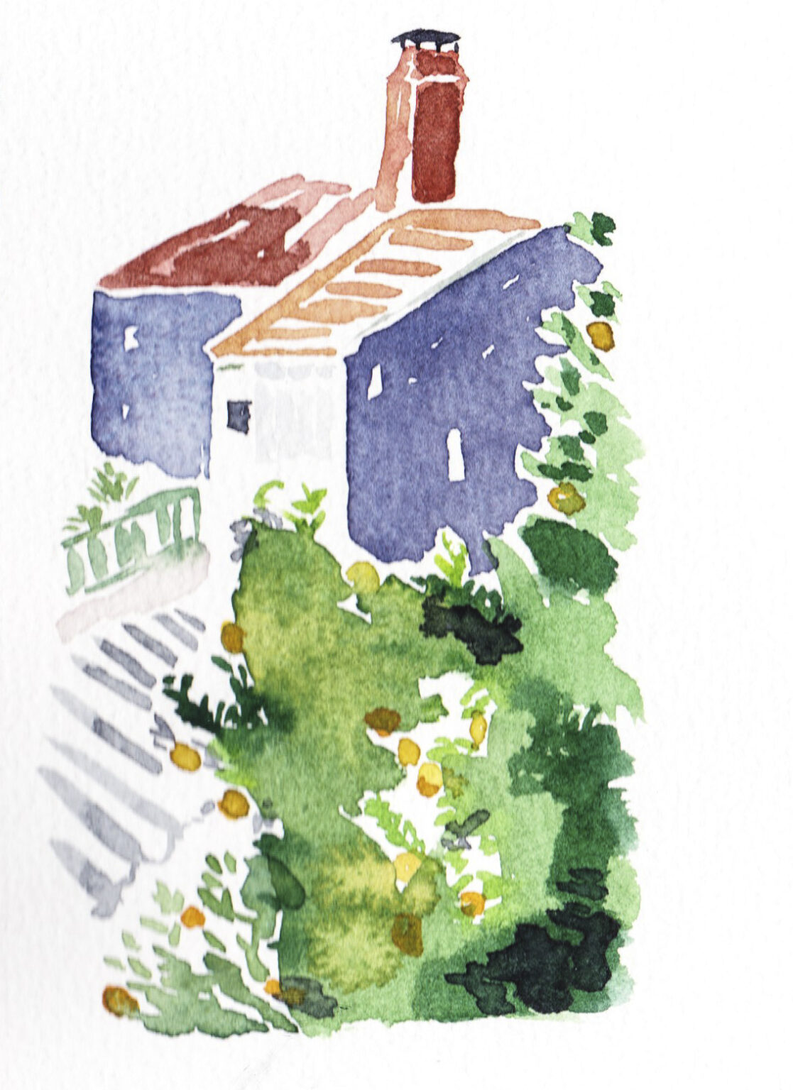 Watercolor painting of a house and orange tree